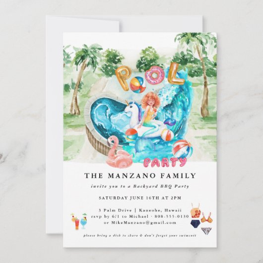 Mermaid Unicorn | Pool-Party Einladung (Vorderseite)