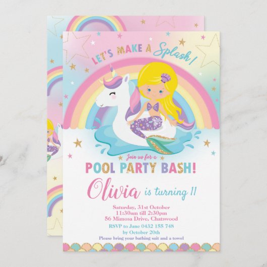 Mermaid Unicorn Pool Party Geburtstag Blonde Einladung (Vorne/Hinten)