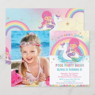 Mermaid Unicorn Pool Party Geburtstag Pink Foto Einladung
