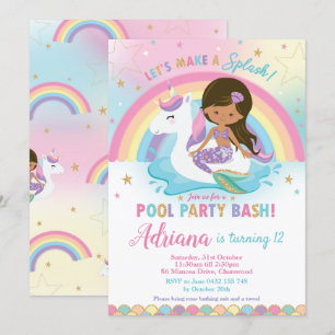 Mermaid Unicorn Pool Party Geburtstag Tan Skin Bro Einladung