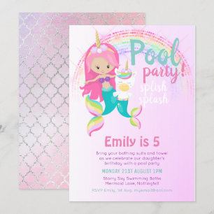 Mermaid Unicorn Pool Party Pink Blue Girl Einladung