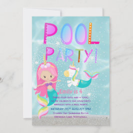 Mermaid Unicorn POOL Party Rosa Glitzer Girls Einladung