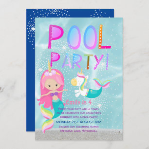Mermaid Unicorn POOL Party Rosa Glitzer Girls Einladung