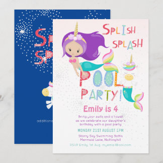Mermaid Unicorn POOL Party Rosa Glitzer Girls Einladung