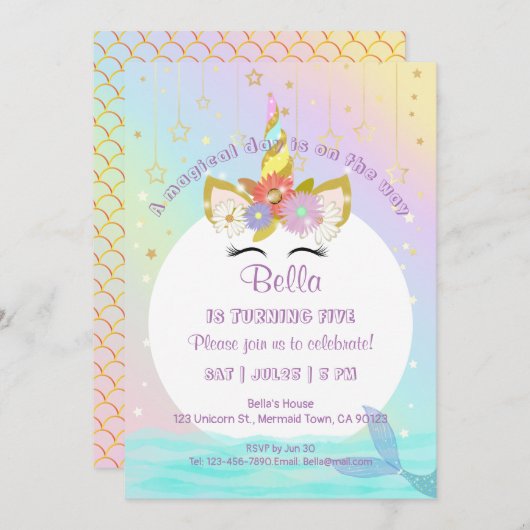 Mermaid Unicorn Rainbow Birthday Einladungen (Vorne/Hinten)