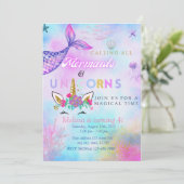 Mermaid & Unicorn zum Geburtstag Einladung (Stehend Vorderseite)
