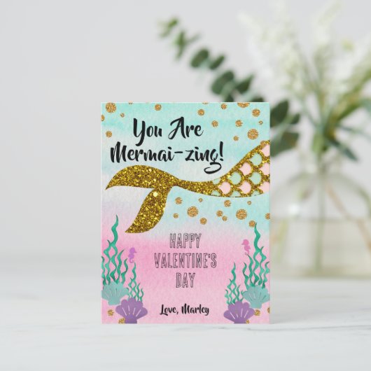 Mermaid Valentine's Classroom Card - Postkartengrö Postkarte (Stehend Vorderseite)