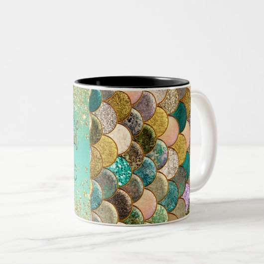Mermaid Vibes Gold Cascading Glitzer & Scales Zweifarbige Tasse (VorderseiteRechts)