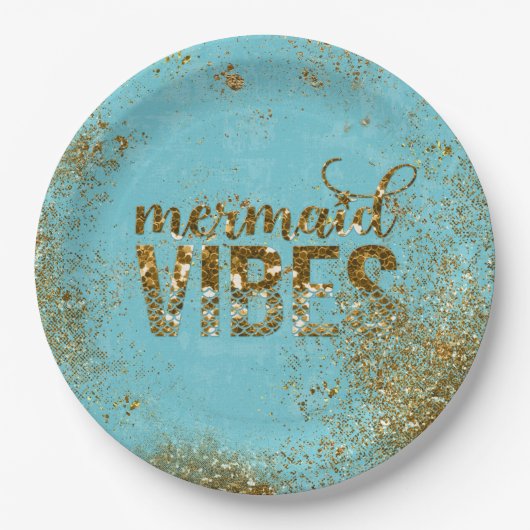 Mermaid Vibes - Gold Glitzer Typografie auf Aquama Pappteller (Vorderseite)