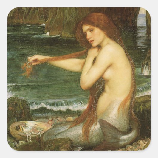 Mermaid von John William Waterhouse Quadratischer Aufkleber (Vorderseite)