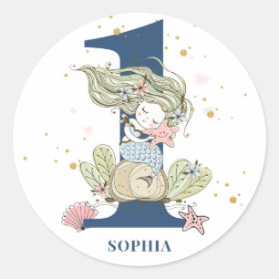 Mermaid Watercolor 1. Geburtstag Runder Aufkleber