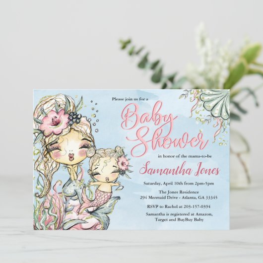 Mermaid Watercolor Babydusche Einladung (Stehend Vorderseite)