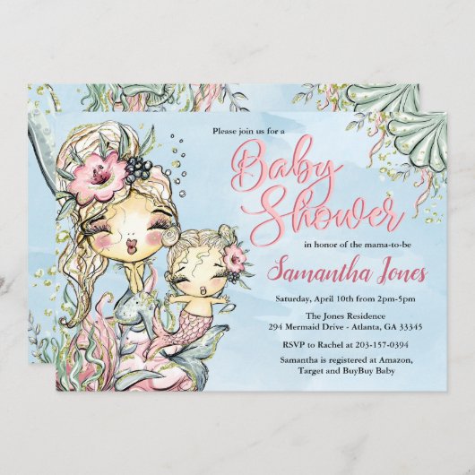 Mermaid Watercolor Babydusche Einladung (Vorne/Hinten)