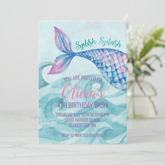 Mermaid Watercolor Birthday Einladung (Stehend Vorderseite)