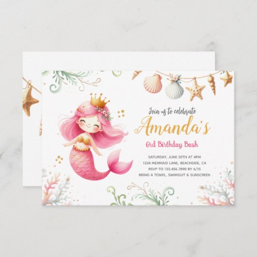 Mermaid watercolor Birthday Invitation Einladung (Vorne/Hinten)