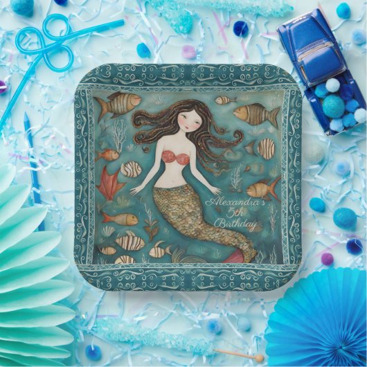 Mermaid Watercolor Birthday Pappteller (Party)