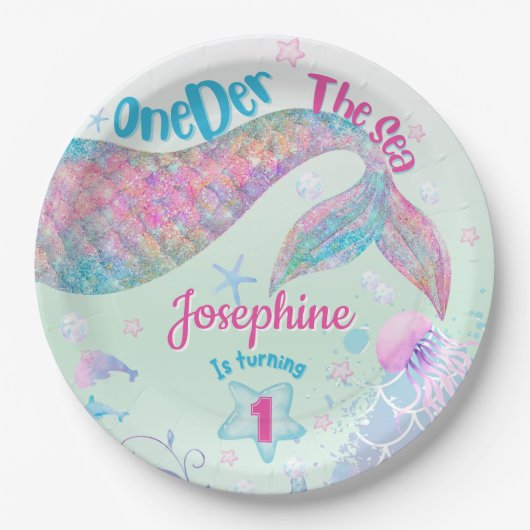 Mermaid watercolor first birthday pappteller (Vorderseite)