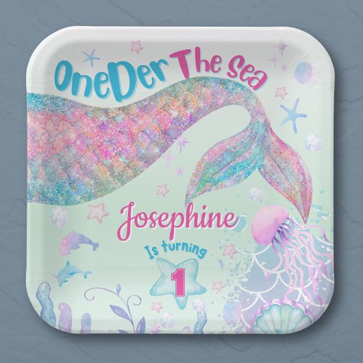 Mermaid watercolor first birthday square pappteller