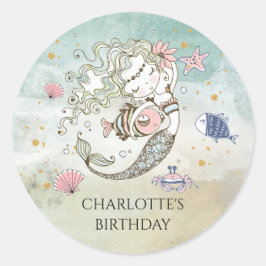 Mermaid Watercolor Geburtstagsticker Runder Aufkleber