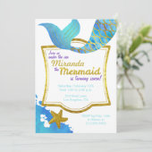Mermaid Watercolor Gold zum Geburtstag Einladung (Stehend Vorderseite)
