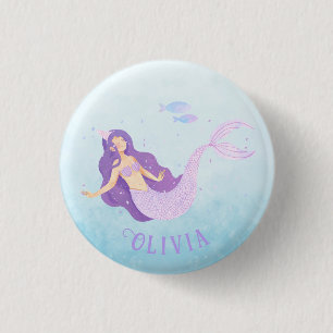 Mermaid Watercolor Lila Niedlich Girl Geburtstag Button