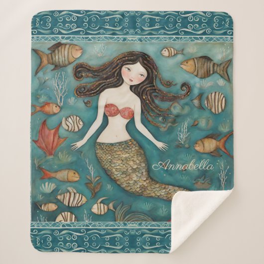 Mermaid Watercolor Personalisiert Sherpadecke (Vorderseite)