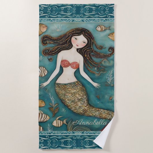 Mermaid Watercolor Personalisiert Strandtuch (Vorderseite)
