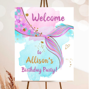 Mermaid Watercolor Schwanz Pink Girl Geburtstag Wi Poster