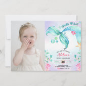 Mermaid Watercolor Splish Splash Birthday Foto Einladung (Vorderseite)