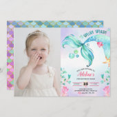 Mermaid Watercolor Splish Splash Birthday Foto Einladung (Vorne/Hinten)