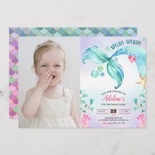 Mermaid Watercolor Splish Splash Birthday Foto Einladung (Vorne/Hinten)