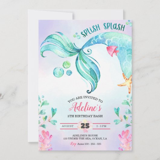 Mermaid Watercolor Splish Splash Niedliche Geburts Einladung (Vorderseite)
