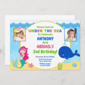 Mermaid Whale Joint Birthday Invasion Twin Einladung (Vorne/Hinten)