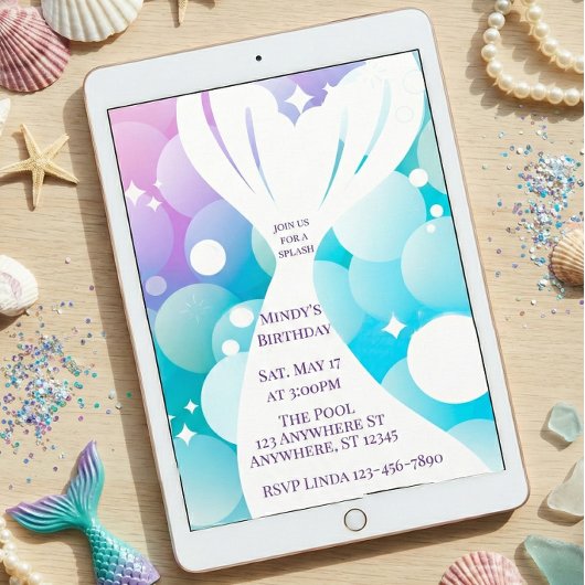 Mermaid White Out and Bubbles Birthday Invitation Einladung