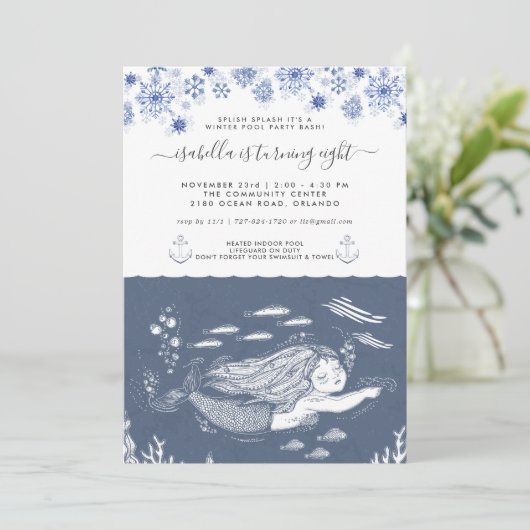 Mermaid Winter Pool Party Einladung (Stehend Vorderseite)