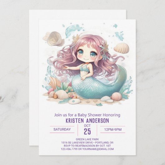 Mermaid Wonders enthüllt Kinderdusche Einladung (Vorne/Hinten)