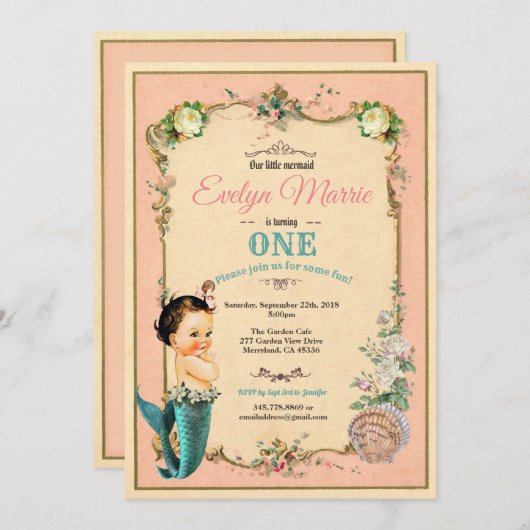 Mermaid zum ersten Geburtstag Einladung pink 1. Ge (Vorne/Hinten)