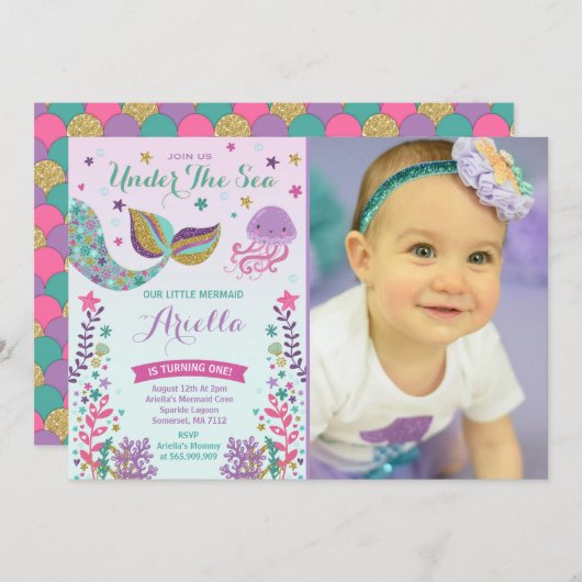 Mermaid zum Geburtstag Einladung unter dem Party (Vorne/Hinten)