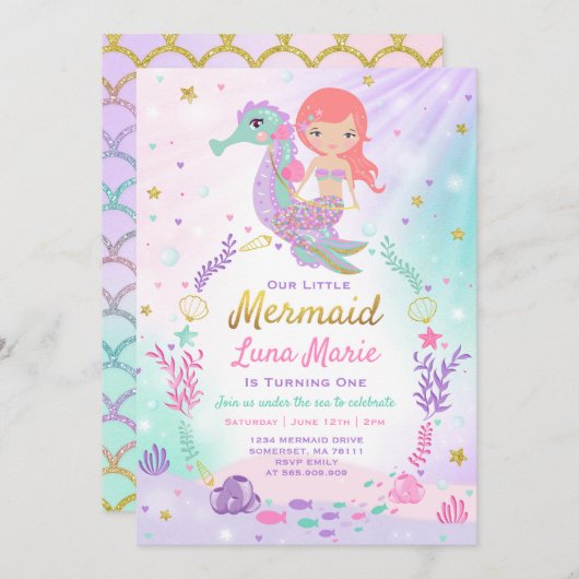 Mermaid zum Geburtstag Einladung unter dem Party (Vorne/Hinten)