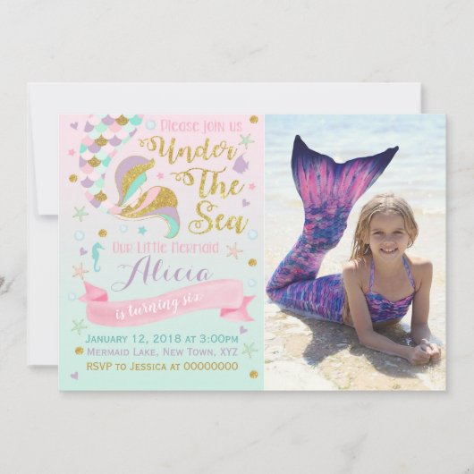 Mermaid zum Geburtstag Einladung unter dem Party (Vorderseite)