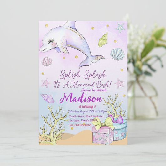 Mermaid zum Geburtstag Einladung unter Wasser (Stehend Vorderseite)