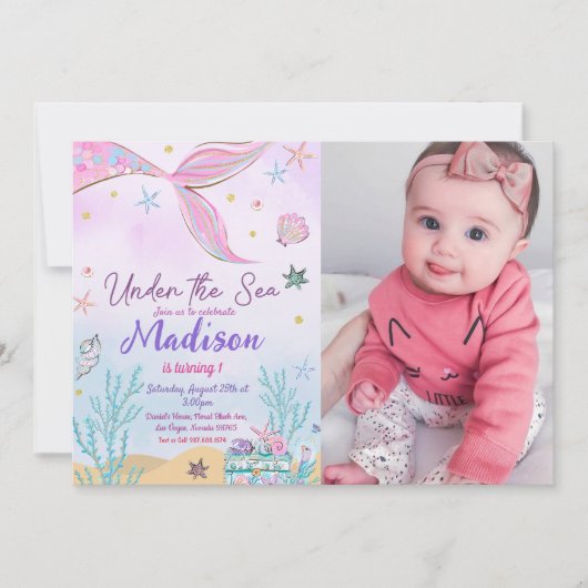 Mermaid zum Geburtstag Einladung unter Wasser (Vorderseite)