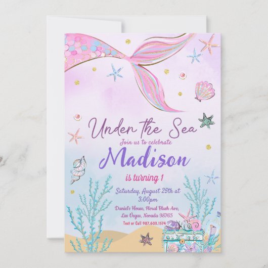 Mermaid zum Geburtstag Einladung unter Wasser (Vorderseite)