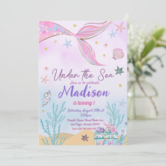Mermaid zum Geburtstag Einladung unter Wasser (Stehend Vorderseite)