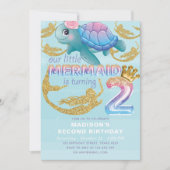 Mermaid Zweiter Geburtstag Pink Blue Gold Glitzer Einladung (Vorderseite)