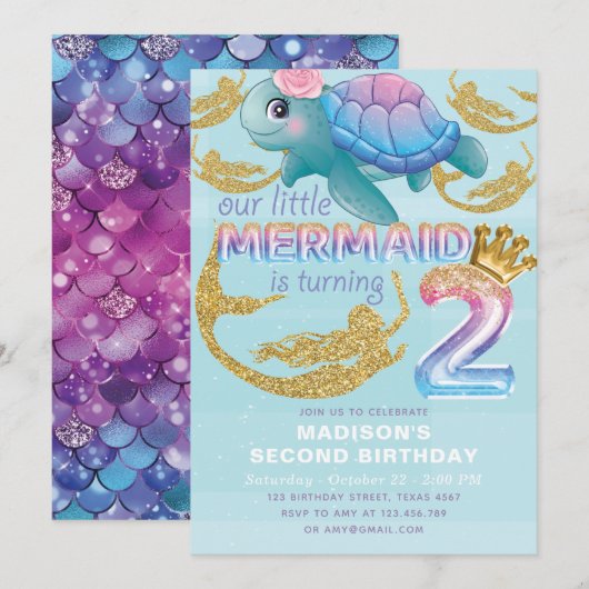 Mermaid Zweiter Geburtstag Pink Blue Gold Glitzer Einladung (Vorne/Hinten)