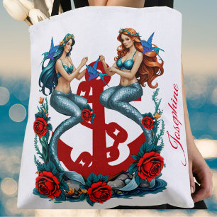 Mermaids Anchor Floral White Blue Rote Rosen Tasche