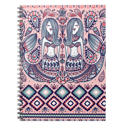 Mermaids Folk Elements Vintag nahtlos Notizblock (Vorderseite)