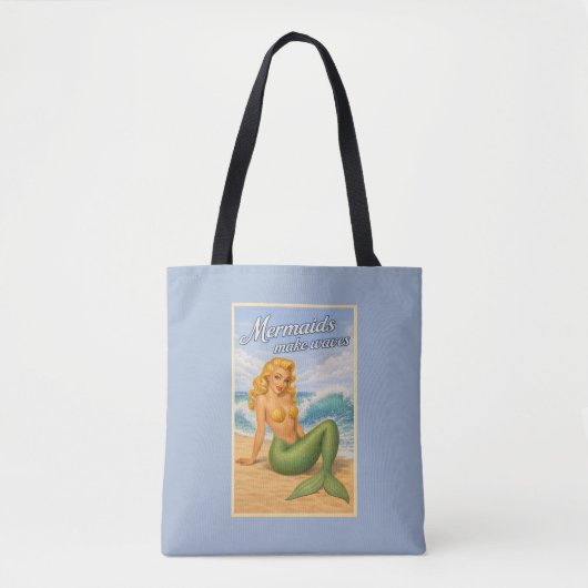 Mermaids Make Waves Retro Pin-Up Art Coastal Blue Tasche (Vorderseite)