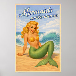 Mermaids Make Waves Retro Pin-Up Coastal Beach Art Poster